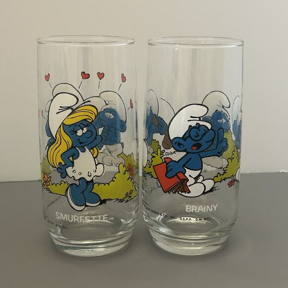 Smurf Brainy and Smurfette Collector Glass/Tumbler 1983 Peyo Vintage 6” Lot of 2 - Picture 1 of 12